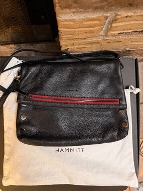 Hammitt Black Leather Messenger with Red Front Zip